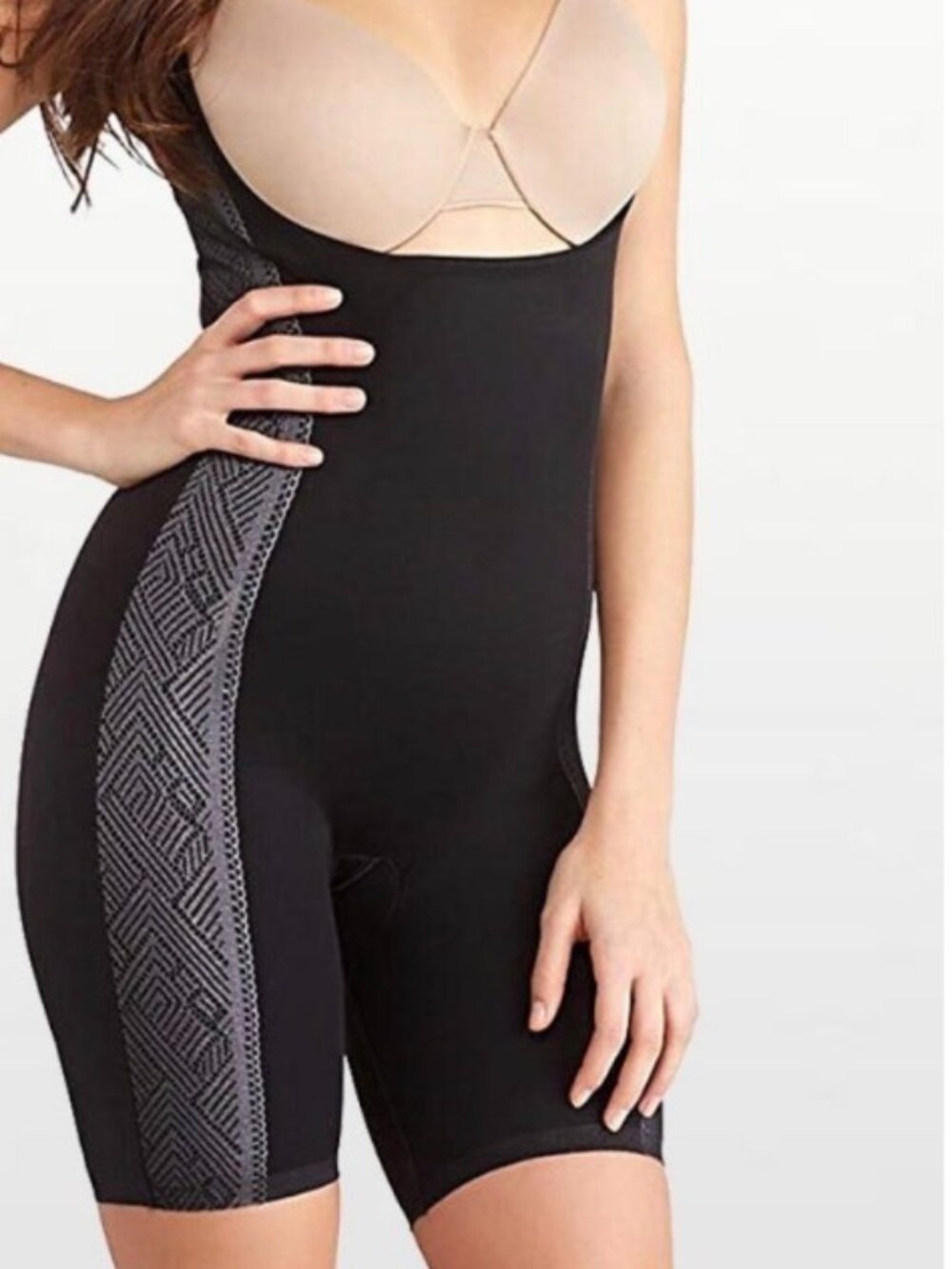 Assets By Spanx Size M Luxe Lean Open Bust Mid-Thigh Bodysuit Shapewear Black